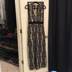 Sheer tan dress with black lace detailing